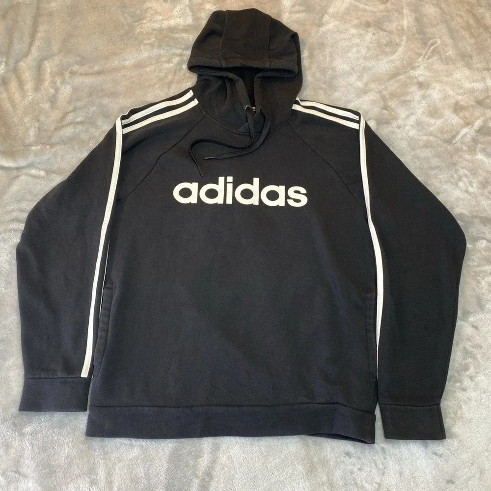 adidas Hoodie Men Small Black Pullover 3-Stripe Logo Fleece‎ Sweatshirt